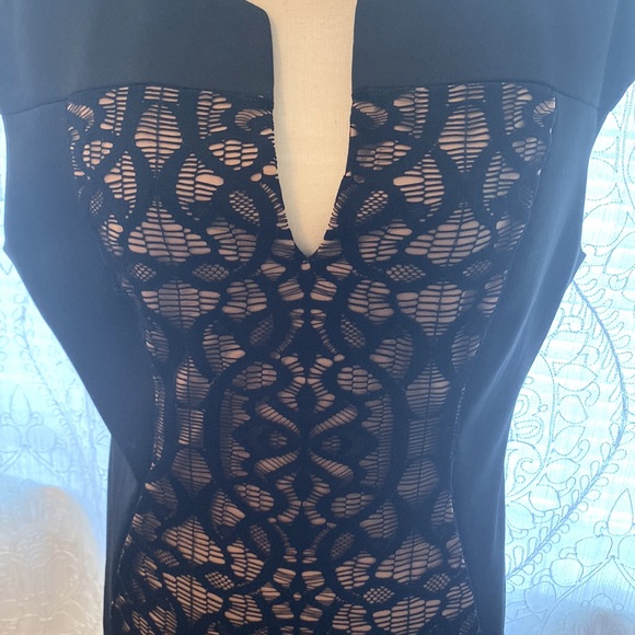 Black cocktail dress with cap sleeve and lace front panel. - Picture 2 of 9